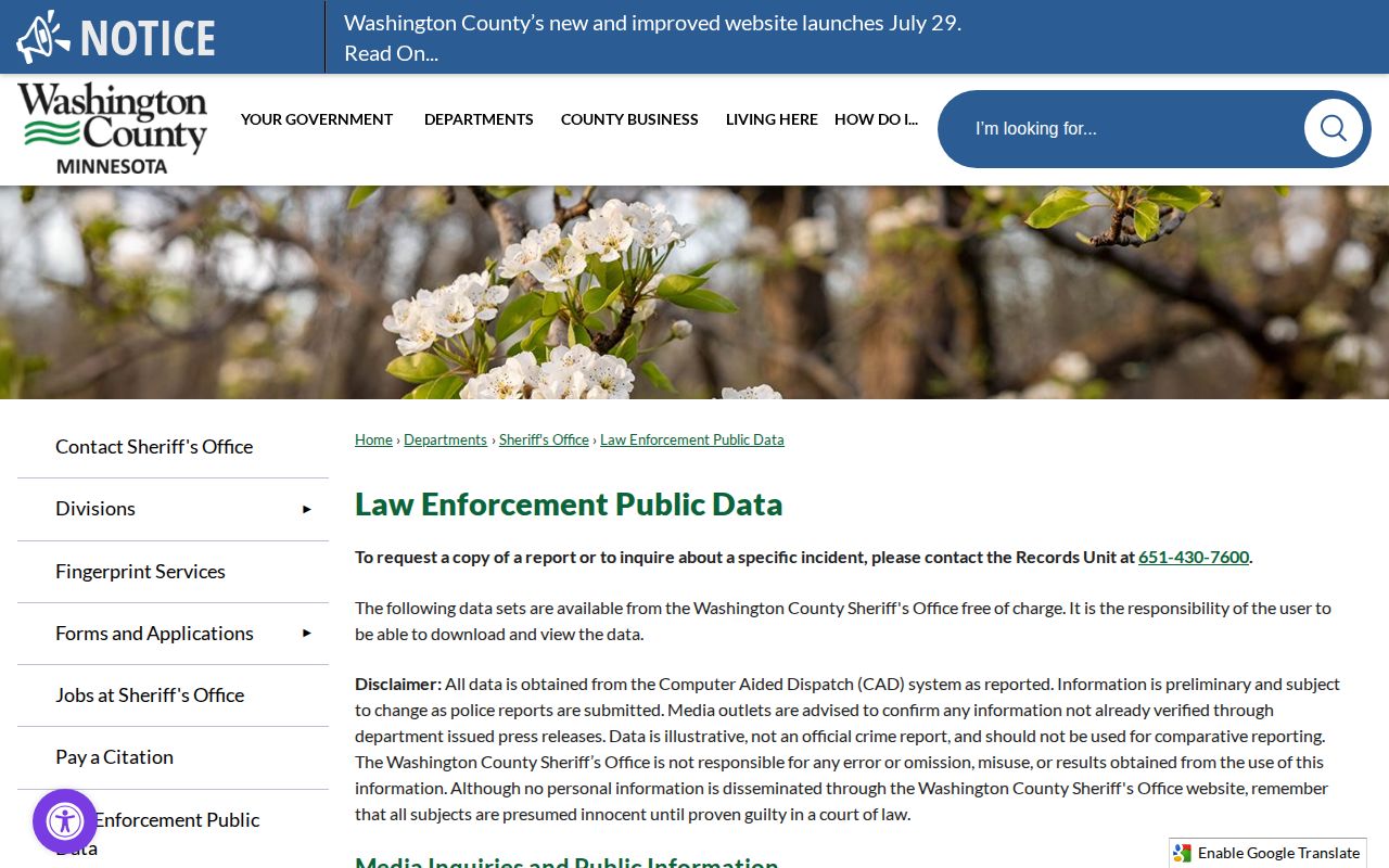 Washington County 24-hour release public law-enforcement data page