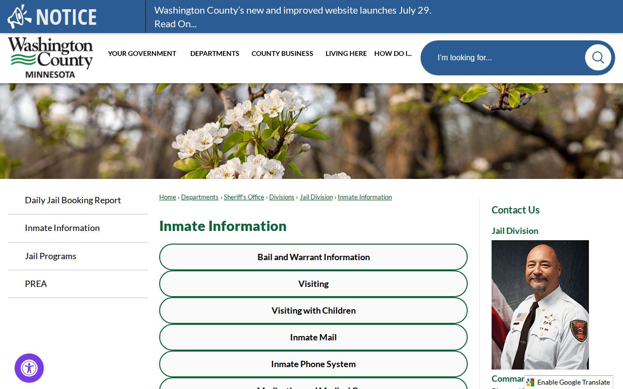 Washington County inmate release time and lobby information