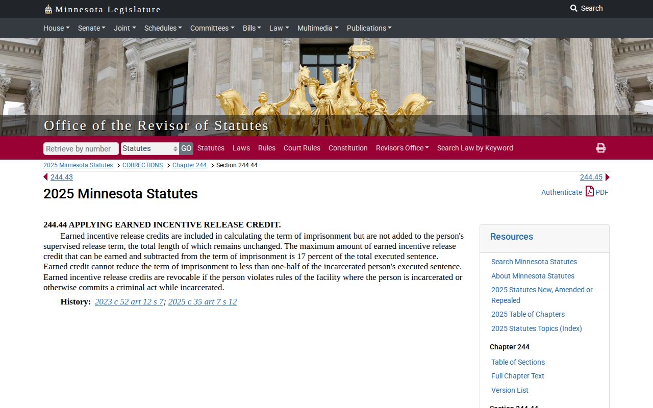Washington County release date lookup earned incentive credit law