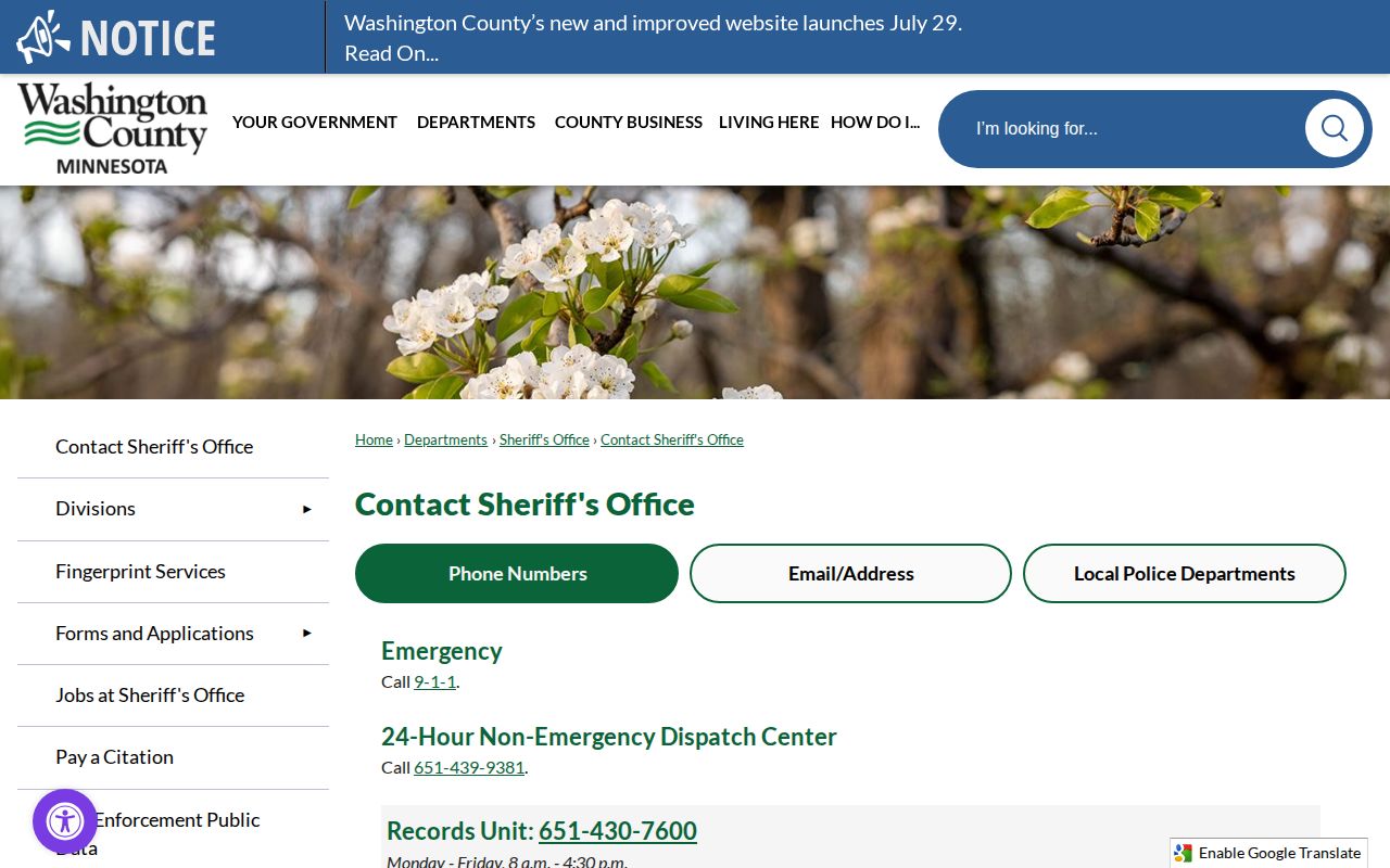 Washington County Jail release records and Sheriff contact information