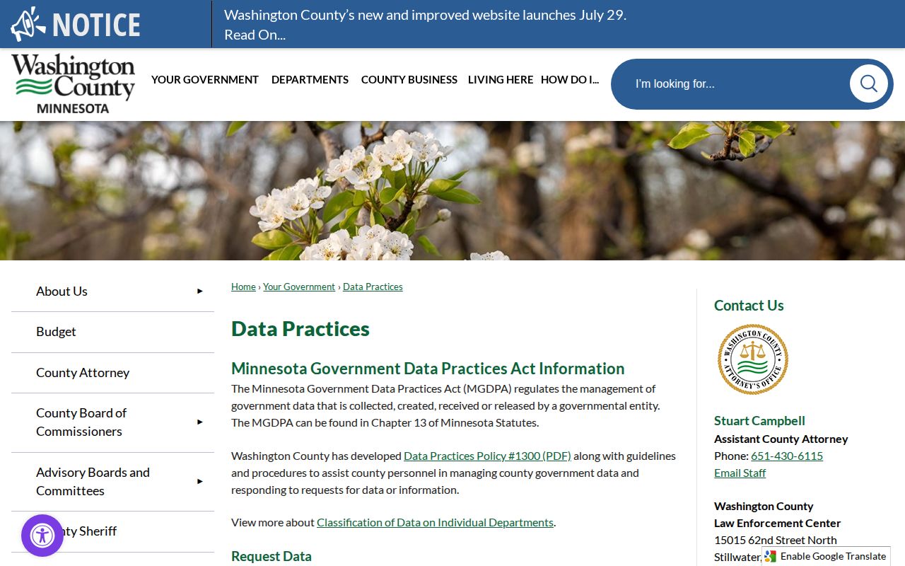 Washington County juvenile holding release records data-practices route